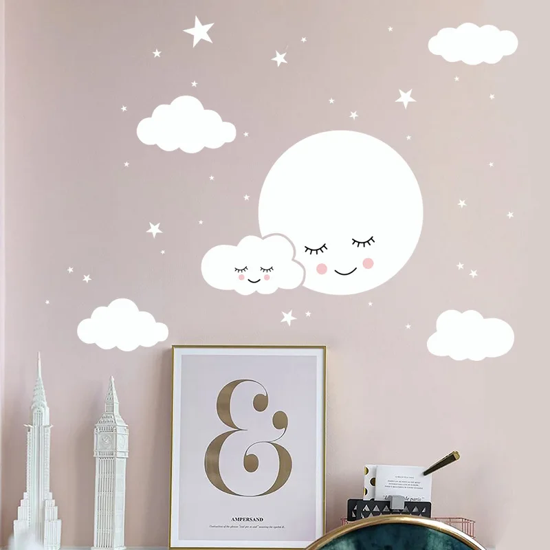 Balta animacinių filmų veiduką, debesis, žvaigždes siena lipdukas vaikams, kūdikių salės dekoracijas freskos miegamojo tapetai namų lipdukai darželio lipdukai