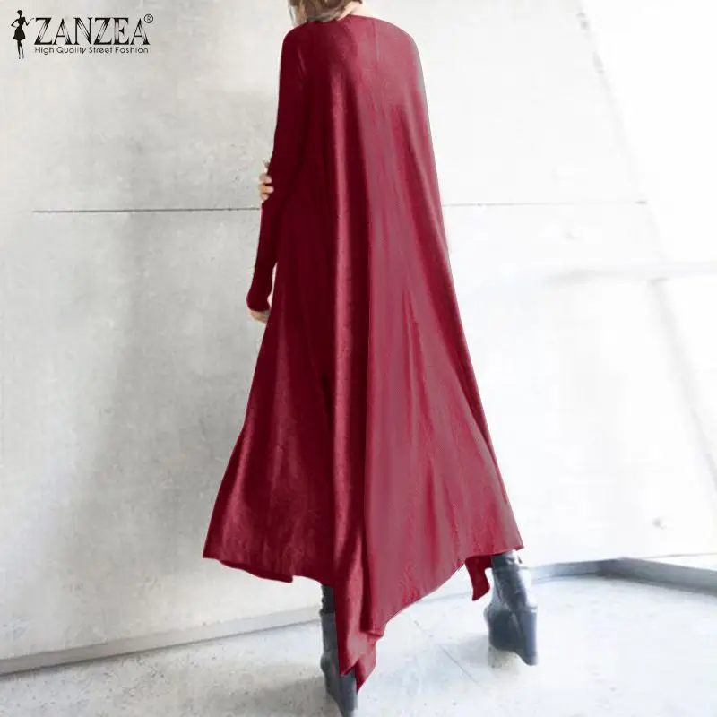 ZANZEA 2021 Retro Asimetrinė Suknelė Moterų Rudenį Sundress Atsitiktinis ilgomis Rankovėmis Maxi Vestidos Moterų, O Kaklo Skraiste, Negabaritinių