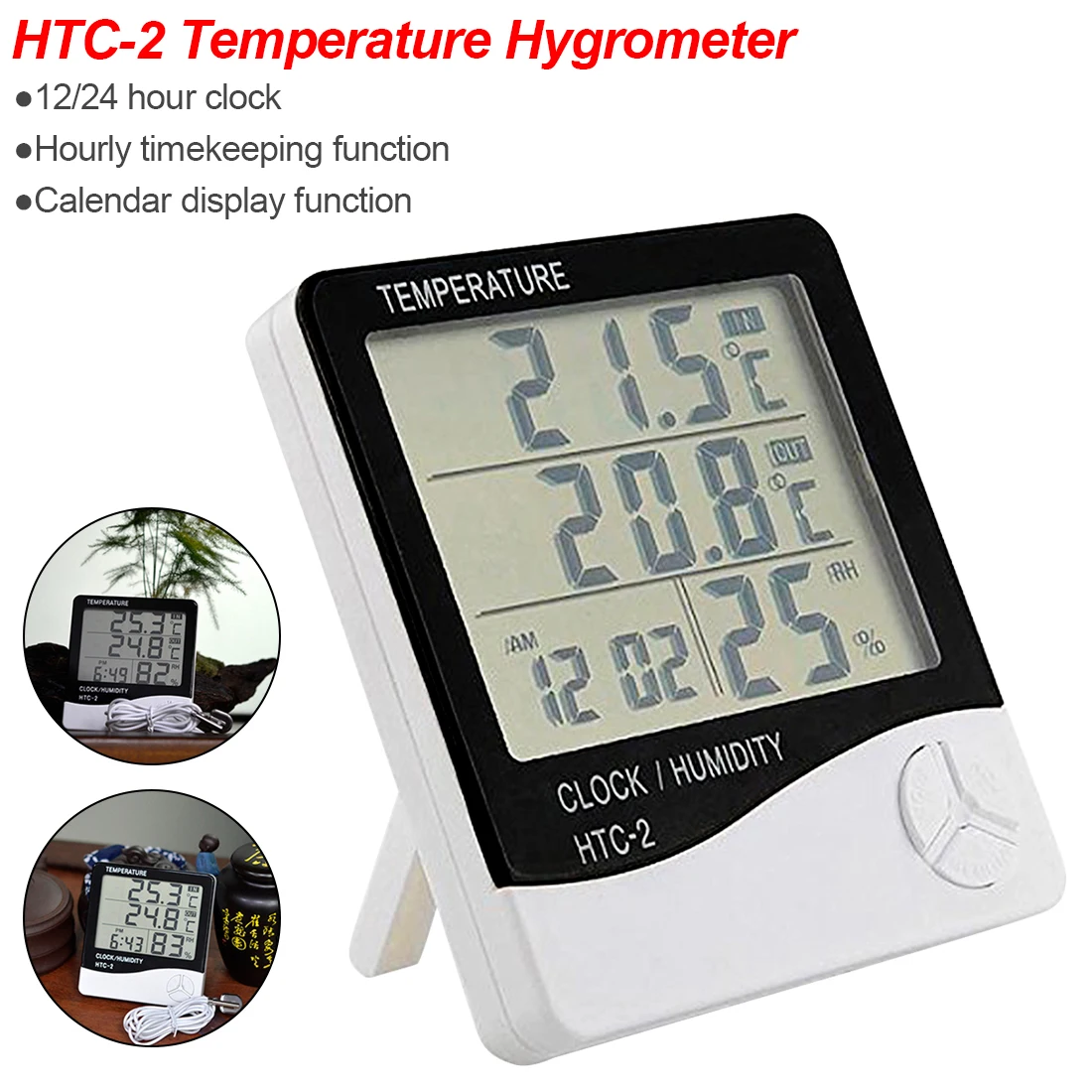 HTC-2 Skaitmeninis LCD In/Out Temperatūros Drėgmės Matuoklis Termometras su Drėgmėmačiu Žadintuvas 1m Išorės Zondas