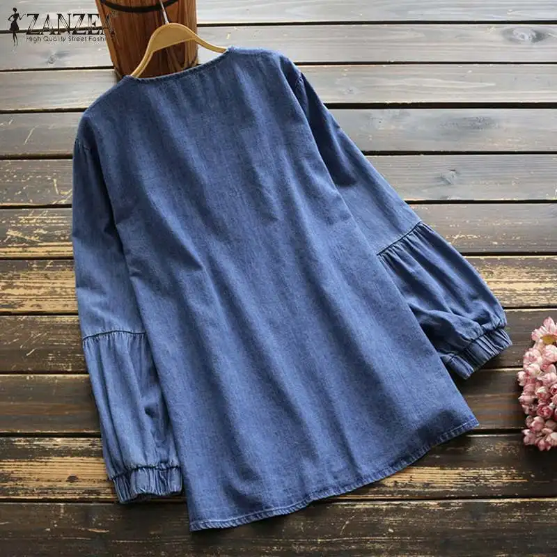 Moterų Siuvinėjimo Palaidinė 2021 ZANZEA Mados Denim Blue Marškinėliai Kutas Sluoksniuotos Rankovėmis Blusas Moterų Atsitiktinis Gėlių Viršūnes Negabaritinių 7