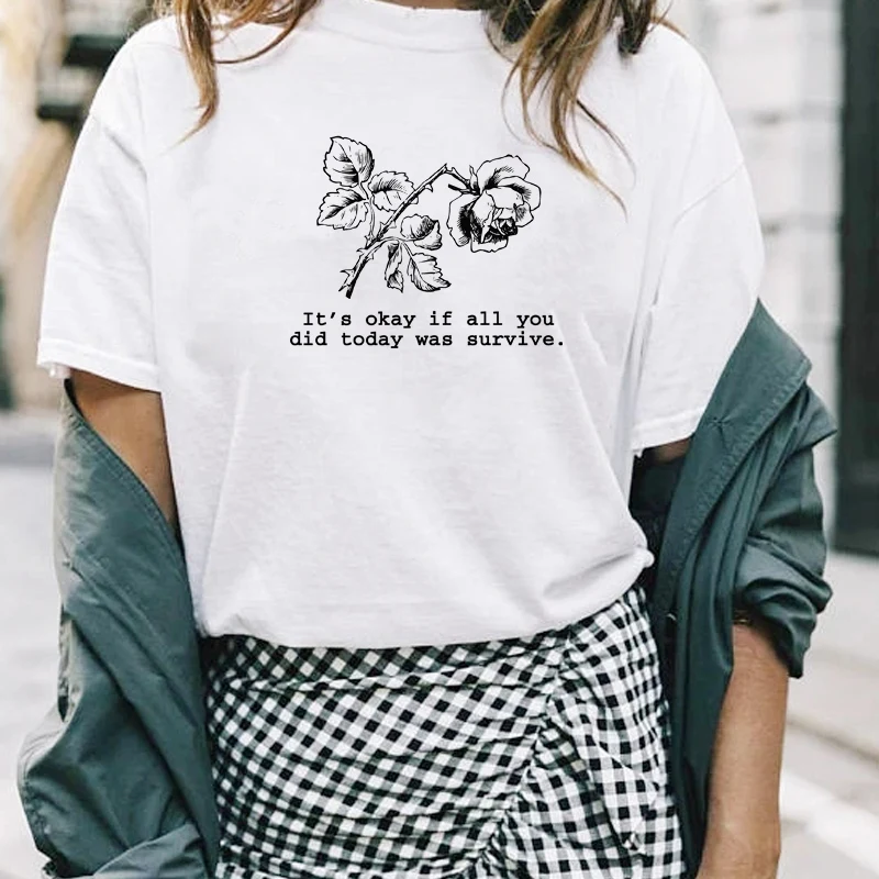 Kuakuayu HJN Visi Jūs Šiandien Buvo Išgyventi Rose Print T-Shirt Įkvepiantį Citatos Atsitiktinis Palaidų Tee Gėlių Spausdinti Marškinėlius Mielas Viršų