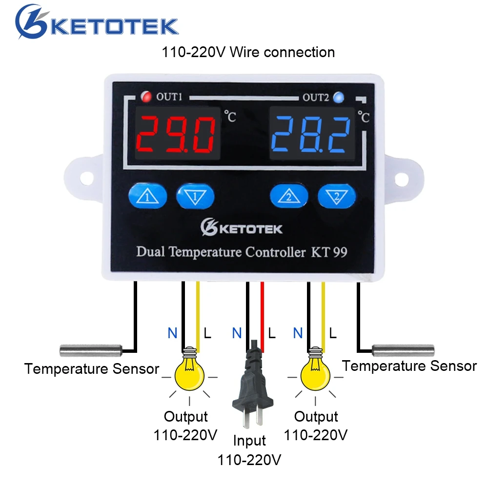 KT99 AC 220V, 12V 24V Digital Dual Termometras, Temperatūros Reguliatorius Termostatas Inkubatoriaus Valdymo Mikrokompiuteris Dual Zondas