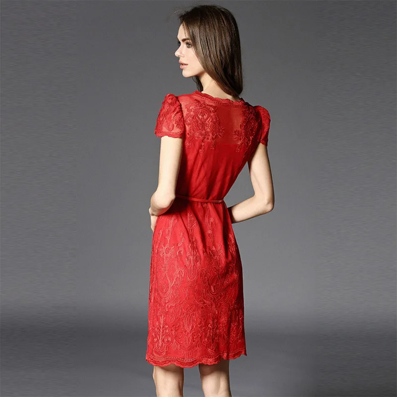 Aukštos Kokybės Naujas Vasaros Moterų Siuvinėjimo Tvirtą Raudona Šalis Suknelė Moterų Elegantiškas O-Kaklo Trumpomis Rankovėmis Slim Trumpos Suknelės Su Diržu
