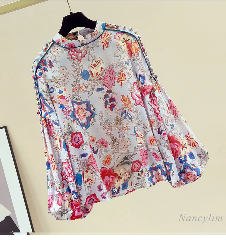 2020 m. Rudenį Naujų Mados High-End Gėlių Spausdinti Marškinėliai Moterims ilgųjų Žibintų Rankovės Šifono Palaidinė Plius Dydis Viršūnes Blusas Femme
