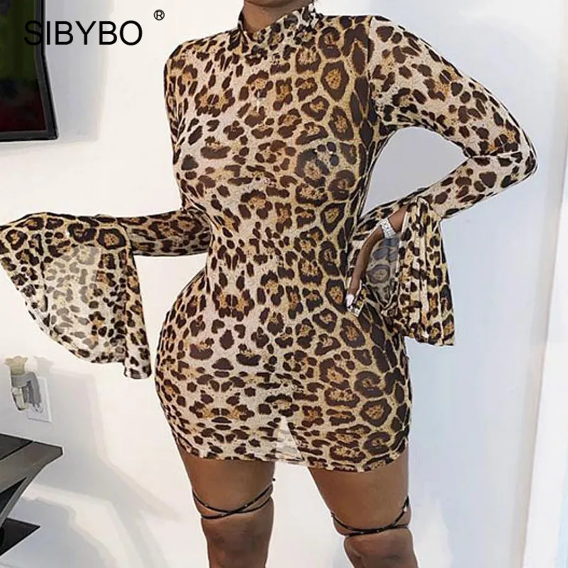 SIBYBO Spausdinti ilgomis Rankovėmis Leopard Suknelė Moterims Drugelis Rankovės Bodycon Rudens Suknelės 2020 Karšto Moterų Klubas Šalies Trumpas Vestidos