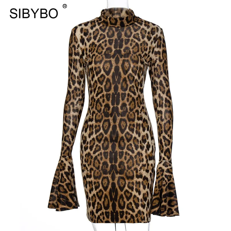 SIBYBO Spausdinti ilgomis Rankovėmis Leopard Suknelė Moterims Drugelis Rankovės Bodycon Rudens Suknelės 2020 Karšto Moterų Klubas Šalies Trumpas Vestidos