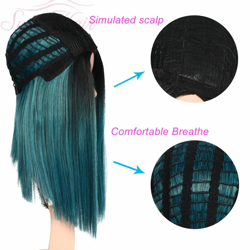 Suri Plaukai, Mėlynos spalvos perukas Ombre tiesiai sintetiniai perukai Aukštos temperatūros cosplay trumpas Juodas perukas šaknis moterų 14inches Vidutinis dydis