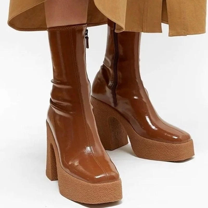 Dizaineris rudens žiemos prekės elastinga mikropluošto odos batus moteris batai aukštakulniai juodos rudos spalvos storas platforma ilgi batai