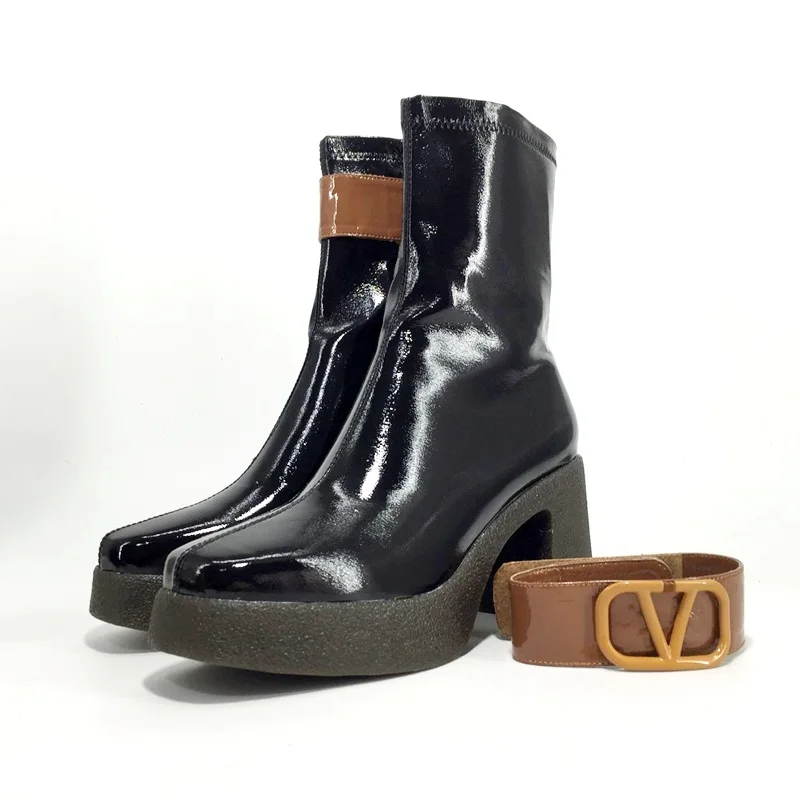Dizaineris rudens žiemos prekės elastinga mikropluošto odos batus moteris batai aukštakulniai juodos rudos spalvos storas platforma ilgi batai