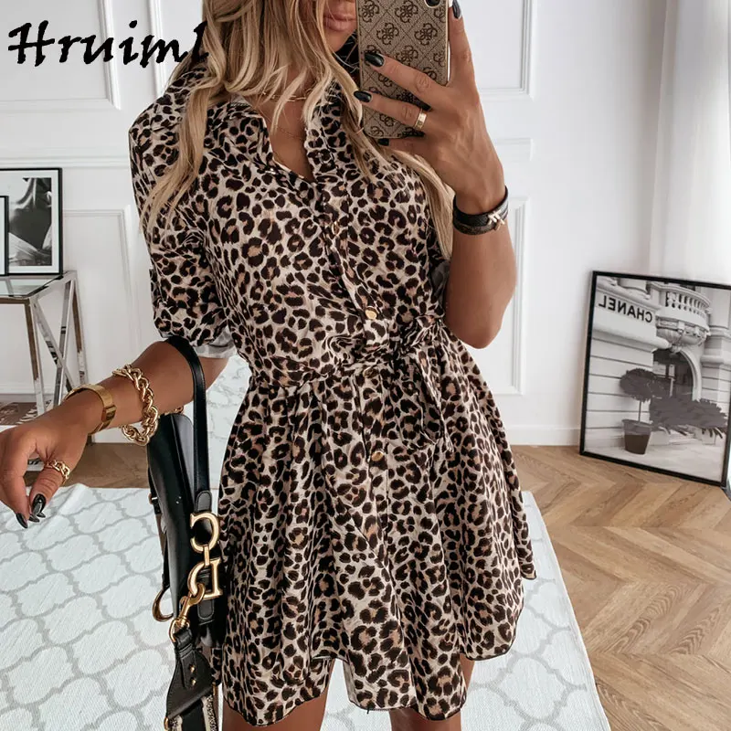 Leopard Marškinėliai, Suknelės Moterims ilgomis Rankovėmis Turn-žemyn Apykaklės Varčias Mini Suknelė Rudens Mados Vieną Mygtuką Biuro Panele Seksuali Suknelė