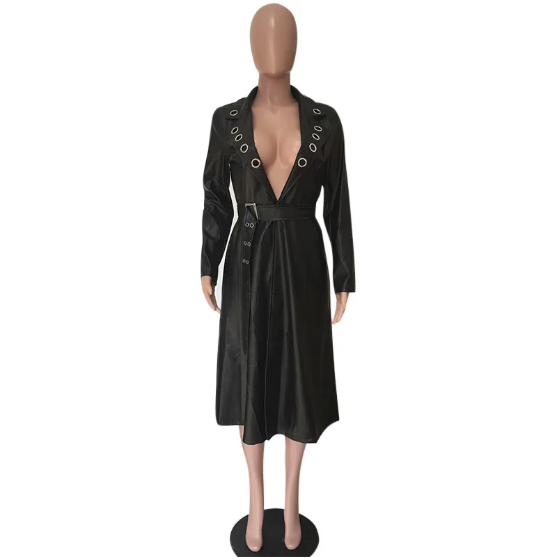 Moterų naujų 2019 PU dirbtiniais odos ilgomis rankovėmis žiedu giliai v-kaklo su diržo plisuotos big swing ilgai, striukės, paltai suknelė GLMH5901