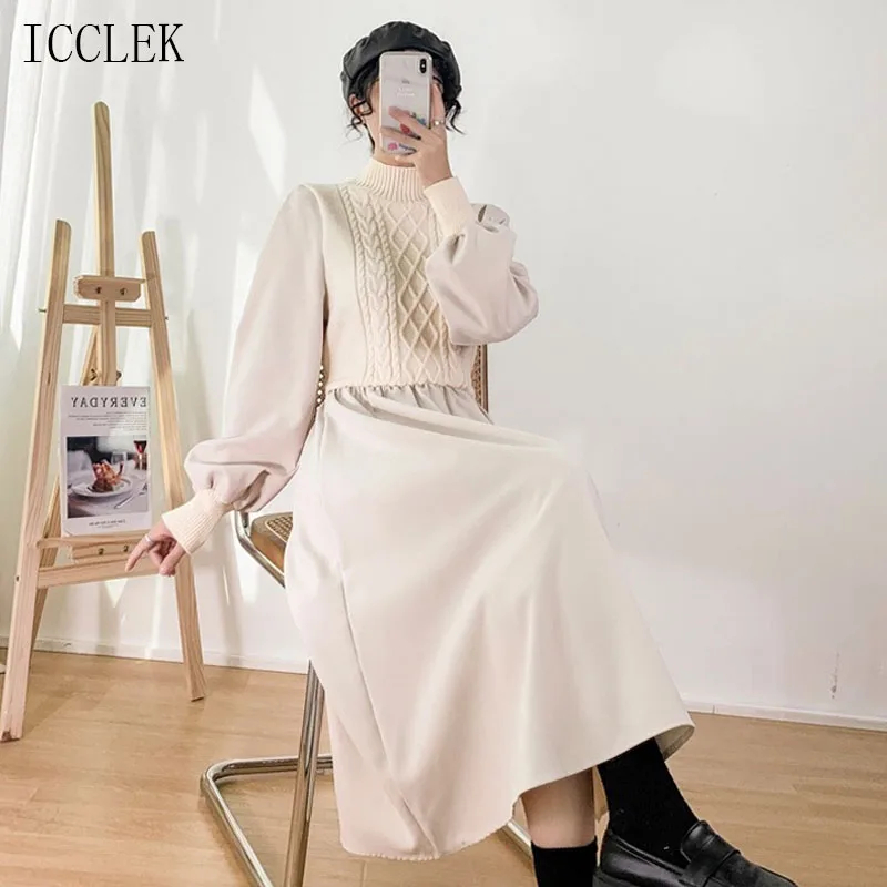 Vientisas Mielas Megztas Megztinis Sukneles 2020 M. Rudens Žiemos Naujas Susiuvimo Suknelė Korėjos Stiliaus Bazės Numegzti Ilga Suknelė Vestido De Mujer