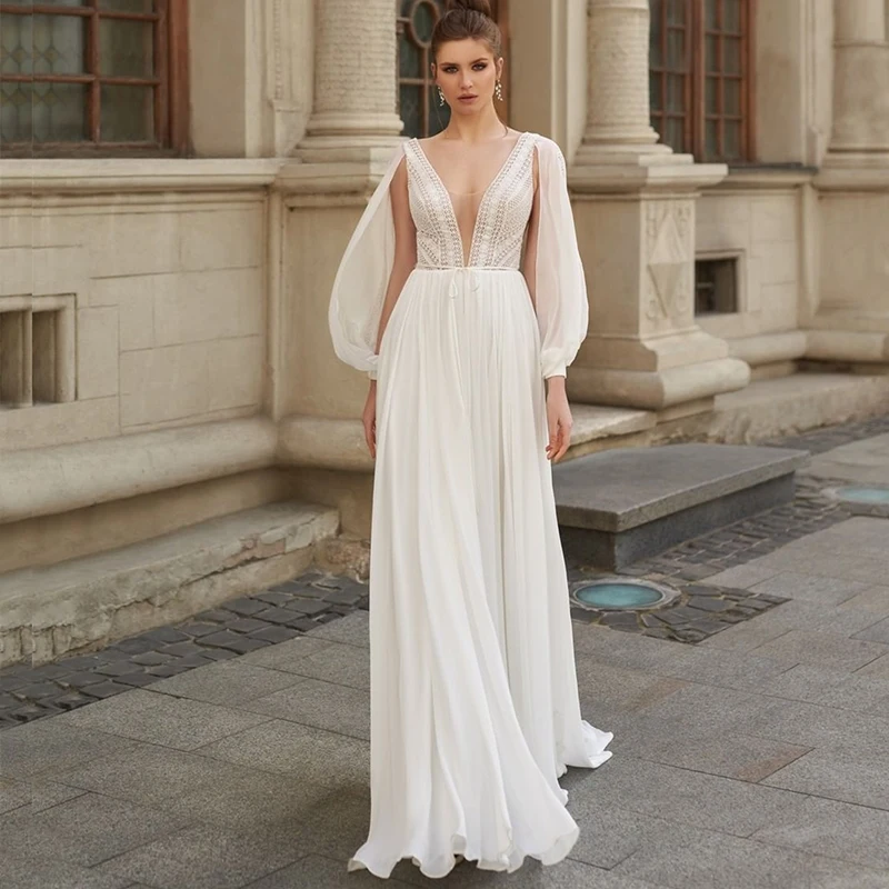 2021 Nauja Žavinga Boho Šifono ilgomis Rankovėmis Nuotakos Vestuvių Suknelės, Nėriniai V Iškirpte Vestuvių Suknelės už Nuotaka Atgal Ant Pardavimo