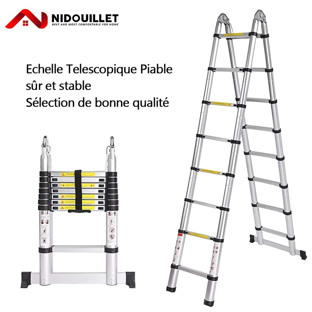 Nidouillet 5M lankstymo teleskopinės kopėčios (2,5 M + 2.5 M), 16-žingsnis aliuminio lydinio teleskopinės kopėčios sulankstomos aliuminio kopėčių AB122