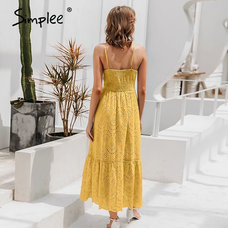 Paprasta elegantiška geltona V-kaklo moterų suknelė spageti dirželis moterų pynimas medvilnės suknelė Vasaros paplūdimio stilius ponios 