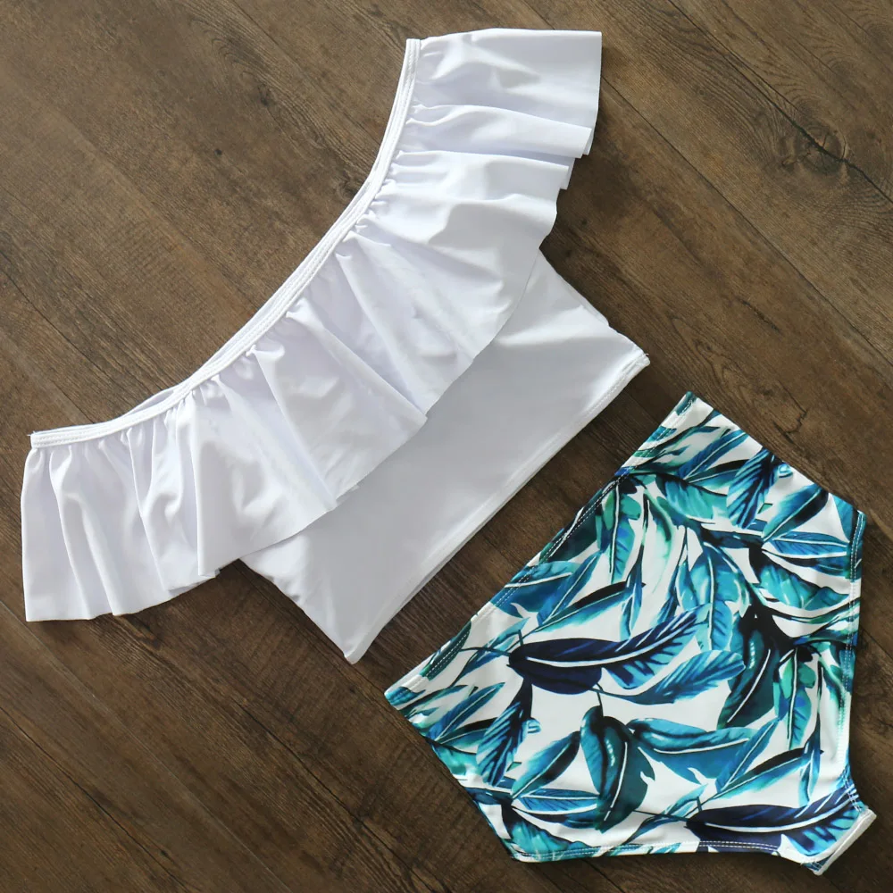 Aukštos Juosmens Bikini 2020 Naują Spausdinimo maudymosi Kostiumėliai Moterims, maudymosi kostiumėlį Flounce Petį mujer Maudymosi Kostiumas Gėlių Paplūdimio Drabužiai Biquini