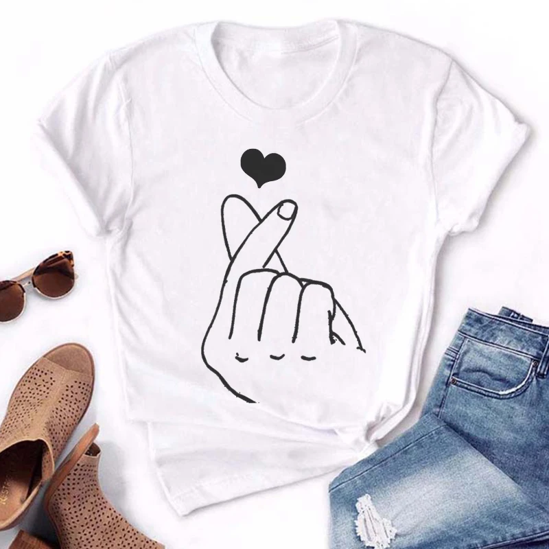 2020 Naujas 90-ųjų Mados Moterų marškinėliai Širdies Spausdinti Viršūnes Moterų Marškinėliai Kawaii korėjos Stiliaus Negabaritinių Marškinėlius Tee Harajuku Marškinėliai