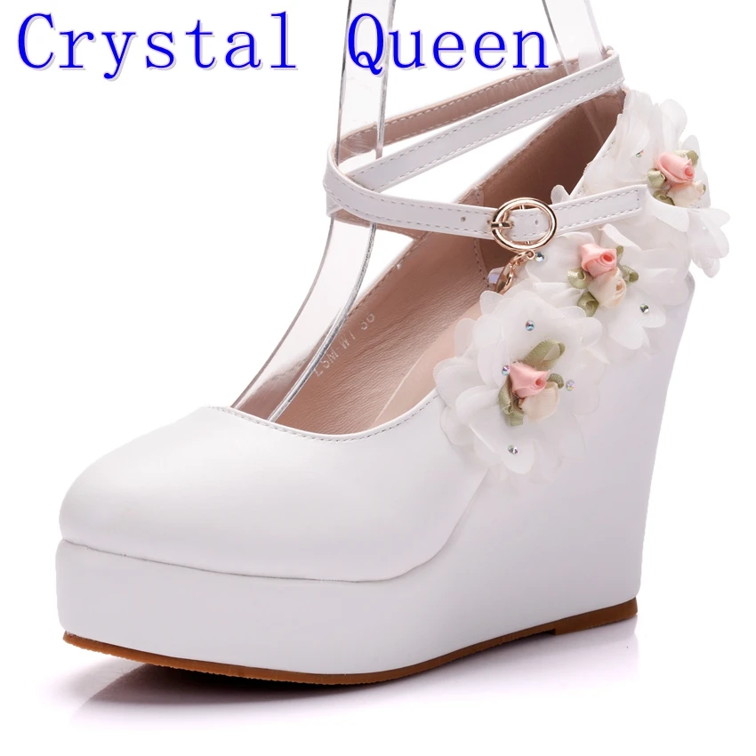 Crystal Karalienė Baltoji Moteris Vestuves Siurbliai Pleišto Kulniukai Sagtis Dirželiai Nėrinių Gėlių Vestuviniai Bateliai Platformos Lady Suknelė, Batai