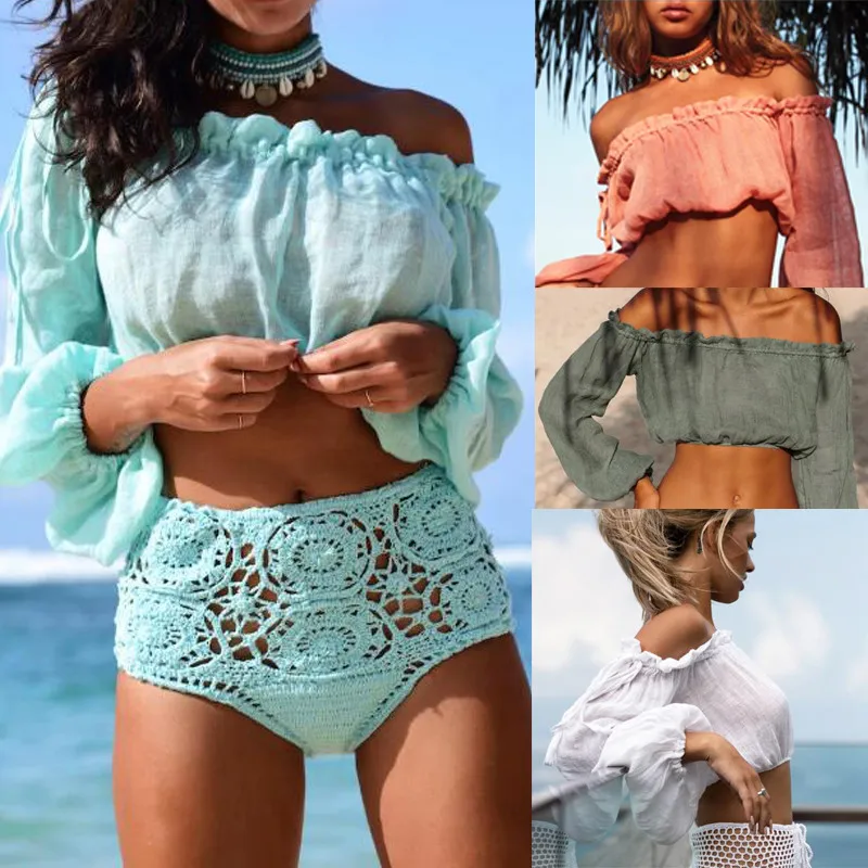 Seksualus, Moterų Bikini Padengti Iki maudymosi Kostiumėliai Paplūdimio Off Peties Palaidinė 2020 Naujas Velniop Nexk Long Sleeve T-shirt Apkarpyti Viršūnes Vasaros Viršelio Ups