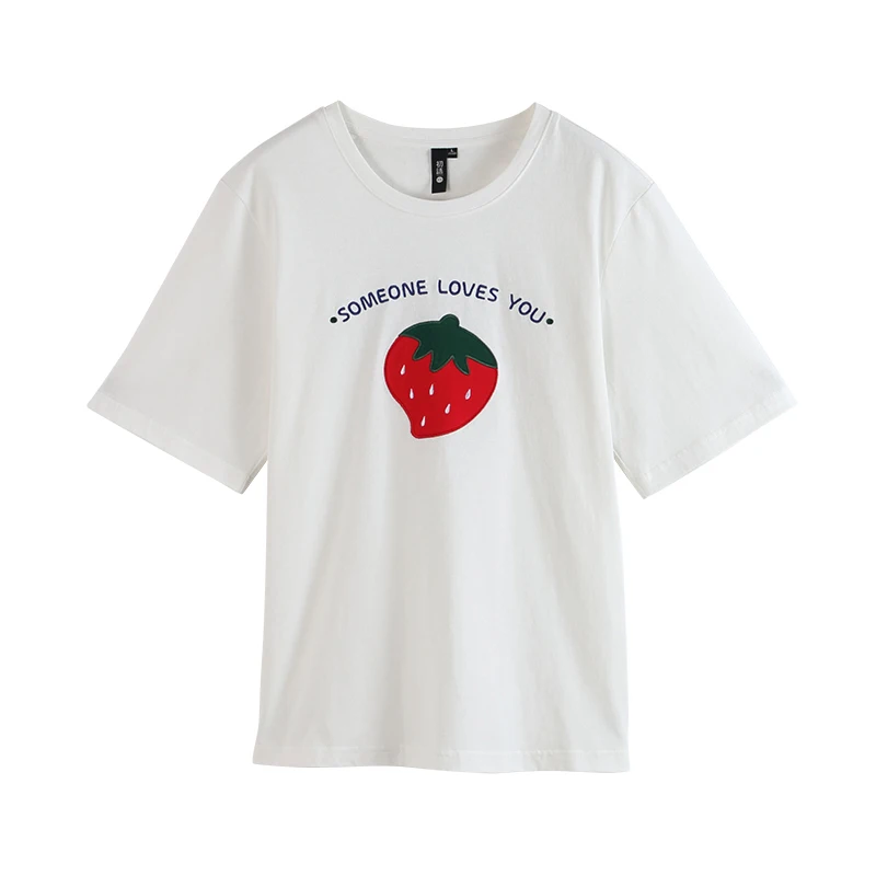 Toyouth Vasarą Moterys Braškių Apvalios Kaklo marškinėliai trumpomis Rankovėmis Balta Rausva Dugno T-Shirt Prarasti Tees Viršūnes Moterų