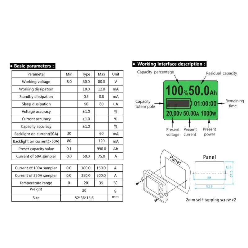 80V 350A TK15 Tikslumo Baterija Testeriai LiFePO Kulono Counter LCD Coulometer