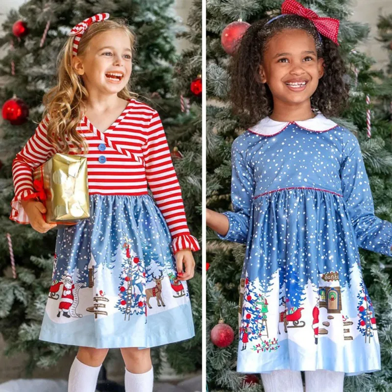 Ruduo Ruduo Vaikams Kalėdų Girl Dress Suknelė, Ilgas Rankovėmis Varpo Kūdikis, Kalėdų Senelis Spausdinti Modelio Suknelė Drabužius