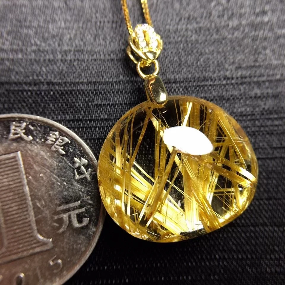 Fizinis Aukso Rutilated Kvarcas Brangakmenio Pakabukas 21.4*19.6*9.8 mm Brazilija Aišku, Ovalo formos Rutuliukų Karoliai, Papuošalai AAAAA