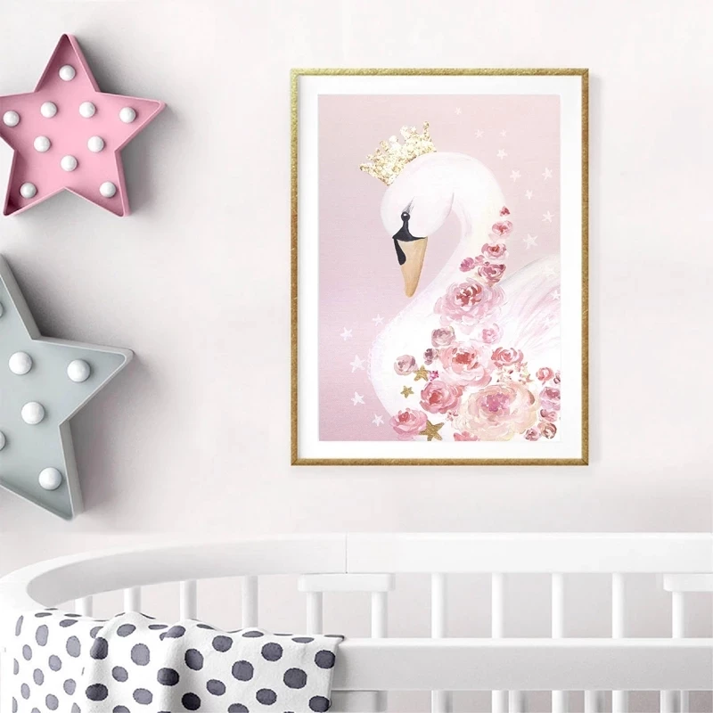 Šiaurės Stiliaus Tapybos Drobės Pinky Swan Princess Plakatai ir Nuotraukos Sienos Meno Spaudinius Dekoratyvinis už Darželio Vaikai Mergina Kambarys