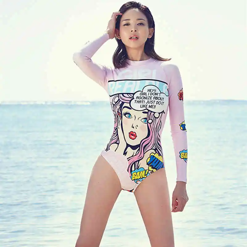 Korėjos vientisas maudymosi kostiumėlis moterų ilgomis rankovėmis saulės mielas animacinių filmų medūzos snorkeling drabužiai buvo plonas, surf drabužių swimsu