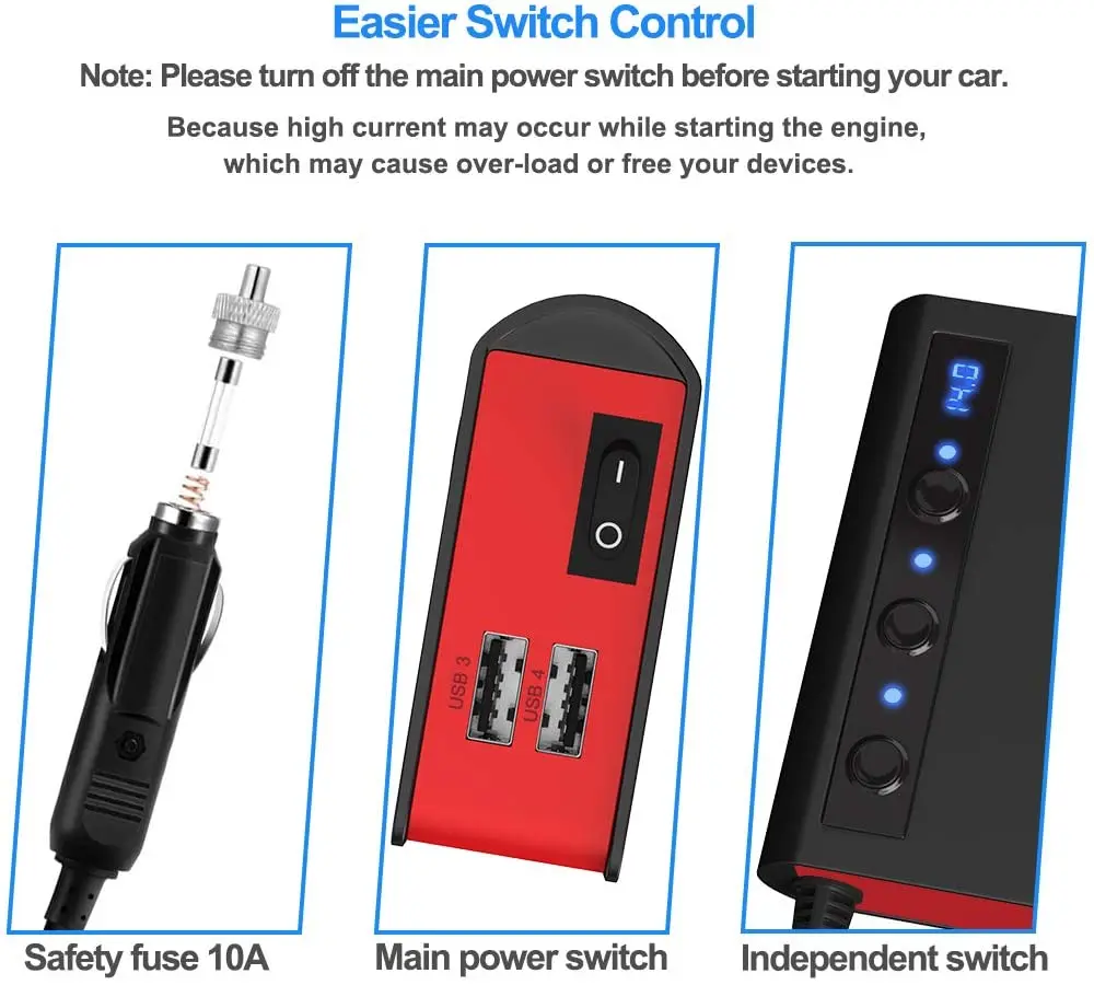 Cigarečių Degiklio Splitter su 4 USB Automobilinis Įkroviklis Greitai Įkrauti Įtampos Ekranas LED Indikatorius CDEN