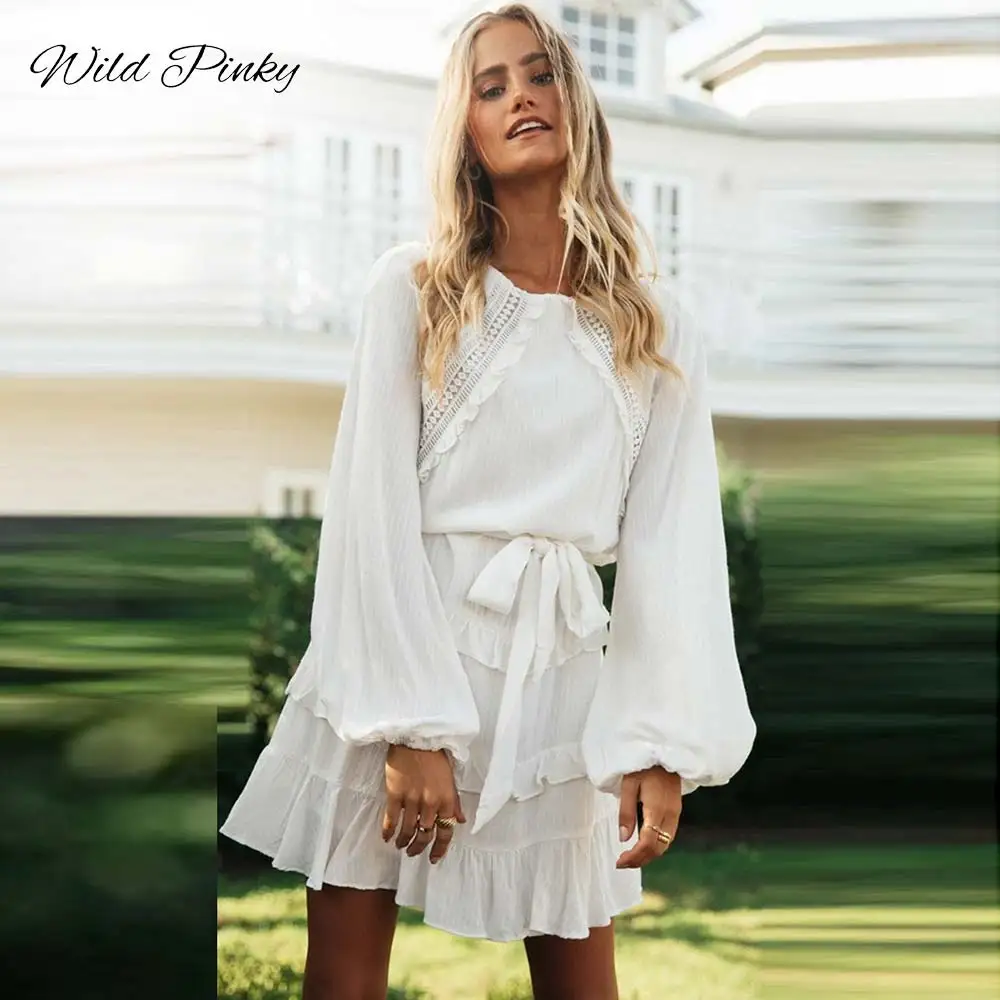 WildPinky Sexy O-Kaklo Moterų Pavasario, Rudens Dress White Raukiniai ilgomis Rankovėmis Mini Elegantiškas Šalis Suknelė Moterims Drabužių Vestidos