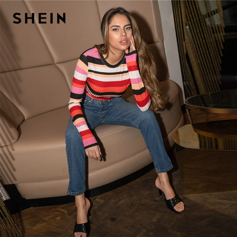 SHEIN Colorblock Šonkauliu-megzti Forma Įrengtas Tee Moterims Topai Pavasario ilgomis Rankovėmis Apvalios Kaklo Dryžuotas Mielas Atsitiktinis marškinėliai