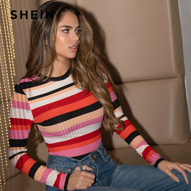 SHEIN Colorblock Šonkauliu-megzti Forma Įrengtas Tee Moterims Topai Pavasario ilgomis Rankovėmis Apvalios Kaklo Dryžuotas Mielas Atsitiktinis marškinėliai