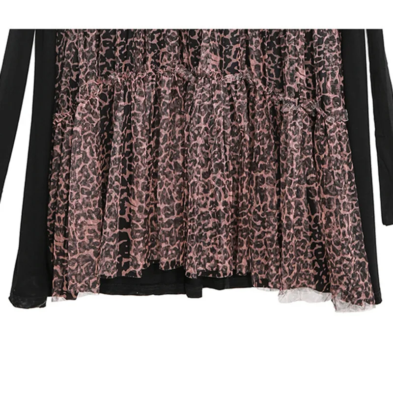 Johnature 2021 m. Pavasarį Naujas Leopard Print Prarasti Moterų Suknelės, Mados Atsitiktinis O-kaklo Kratinys False Dviejų dalių Moteriška Suknelė