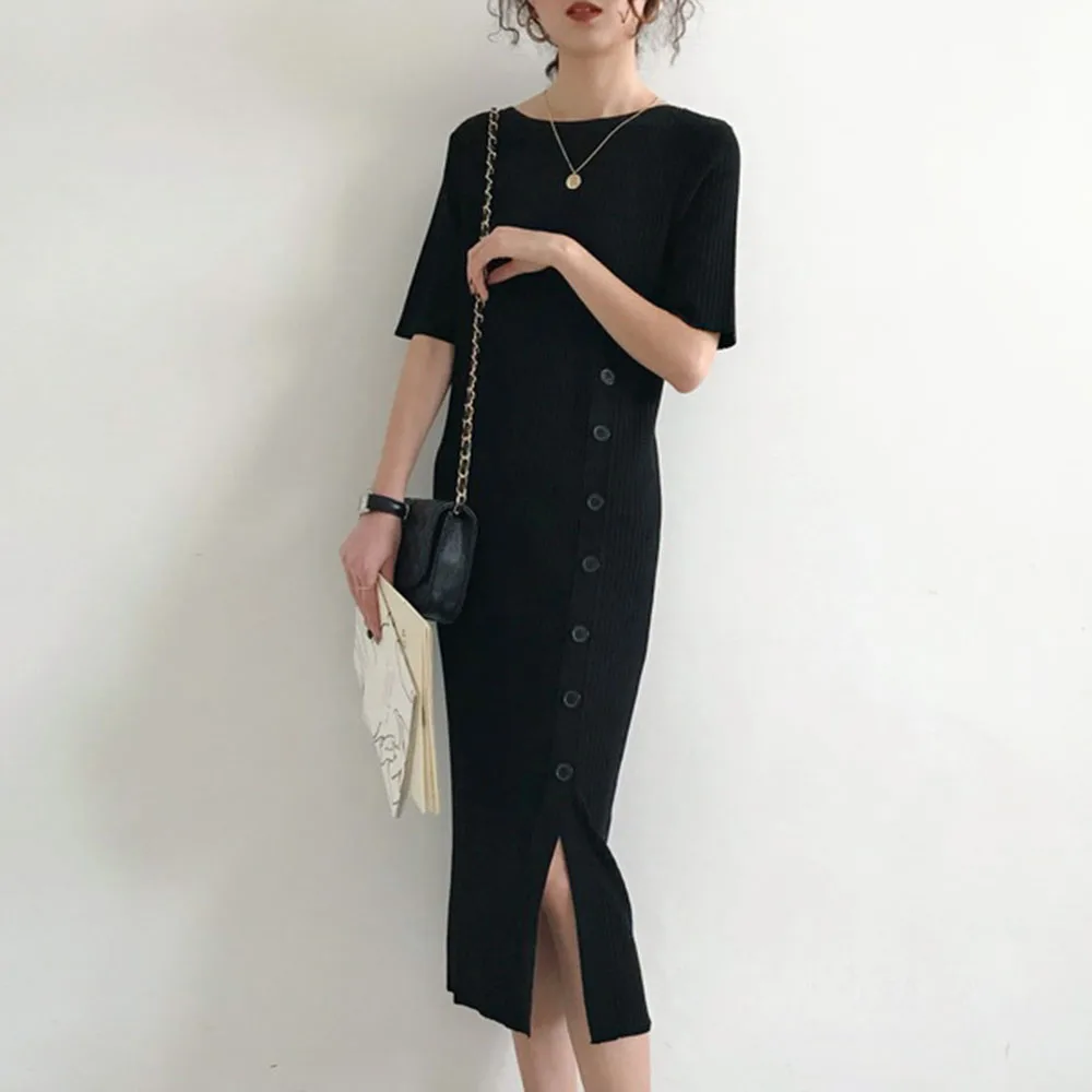 Pavasario Korėjos Stiliaus Megzti Megztinis Suknelė Moterims, Elegantiškas, Kietas Pusė Rankovių Mygtukų Slim 