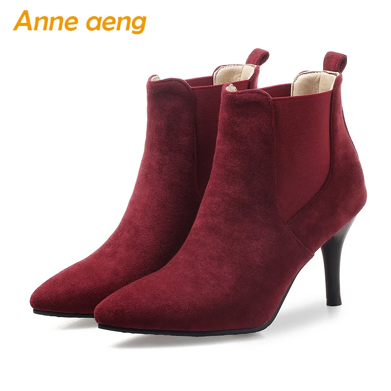 Rudenį, žiemą moterų batai aukštos ploni kulniukai ponios čiurnos batai elastinės juostos elegantiškas moterų batai vyno raudona šiltas batai didelis dydis 33-46