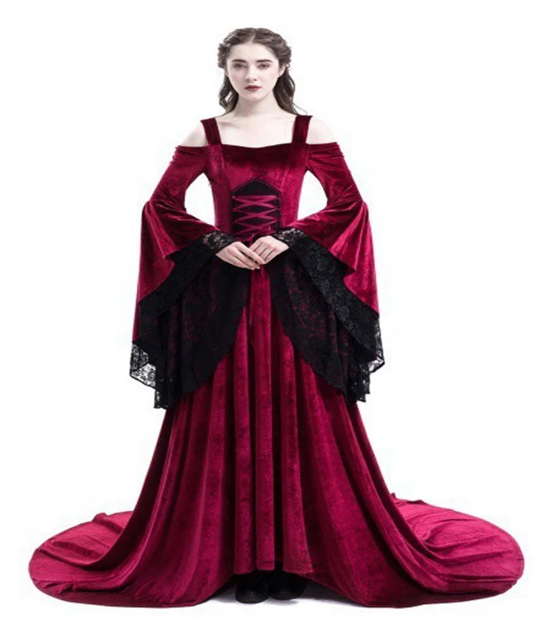 JIEZuoFang Moterų Viduramžių ir Renesanso Varpas Rankovėmis Karalienės Suknelė Cosplay Kostiumų Maxi Suknelė S-2XL Nėrinių Off-the-pečių Suknelė