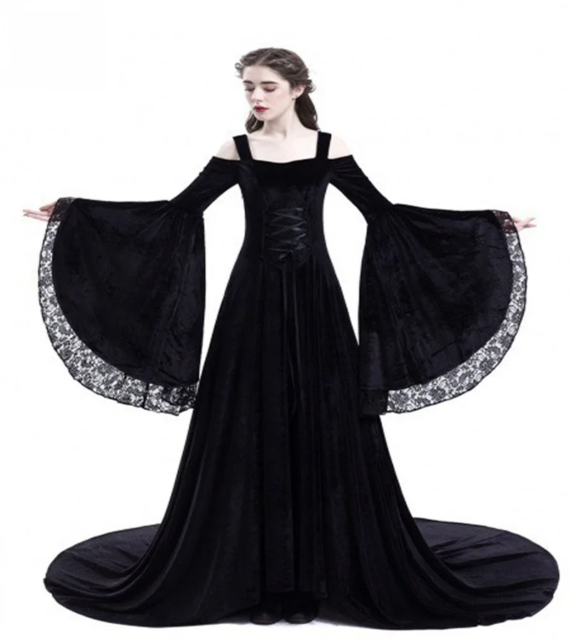 JIEZuoFang Moterų Viduramžių ir Renesanso Varpas Rankovėmis Karalienės Suknelė Cosplay Kostiumų Maxi Suknelė S-2XL Nėrinių Off-the-pečių Suknelė