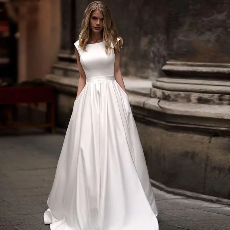 Dramblio kaulo balta skraiste satino vestuvės Dress Chalatas De Soiree longue Oficialų paprasta chalatas de soiree nuotaka turi būti атласное платье