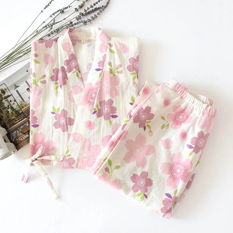 Moterų Saldus Gėlių Spausdinti Mielas Šviežias Stiliaus Pavasarį Ir Rudenį Naujų Ponios Japonų Kimono V-Kaklo Drabužius+Kelnes 2vnt Homewear