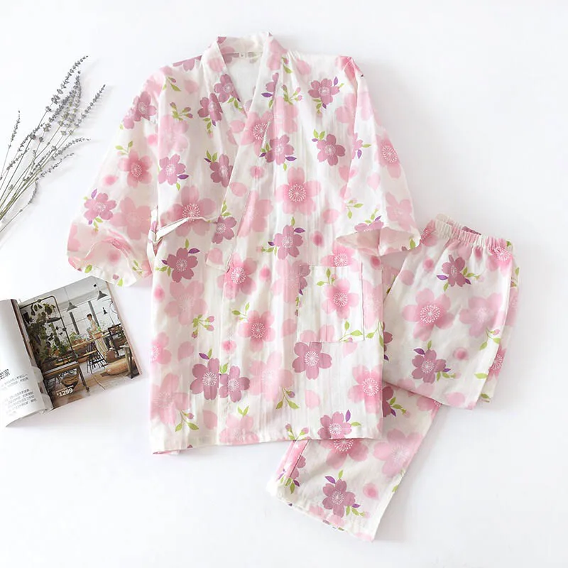 Moterų Saldus Gėlių Spausdinti Mielas Šviežias Stiliaus Pavasarį Ir Rudenį Naujų Ponios Japonų Kimono V-Kaklo Drabužius+Kelnes 2vnt Homewear
