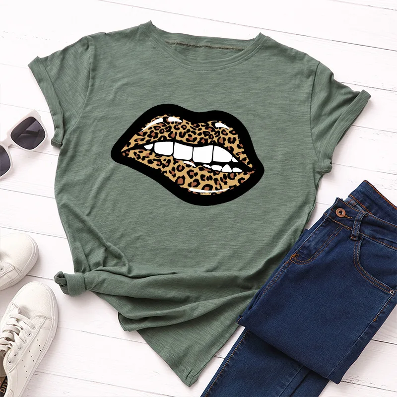 Moterų Marškinėlius Grafinis Tees Medvilnė Seksuali Leopard Lūpų Print T Marškinėliai Topai Streetwear Negabaritinių Drabužius Trumpomis Rankovėmis Juokingi Marškinėliai
