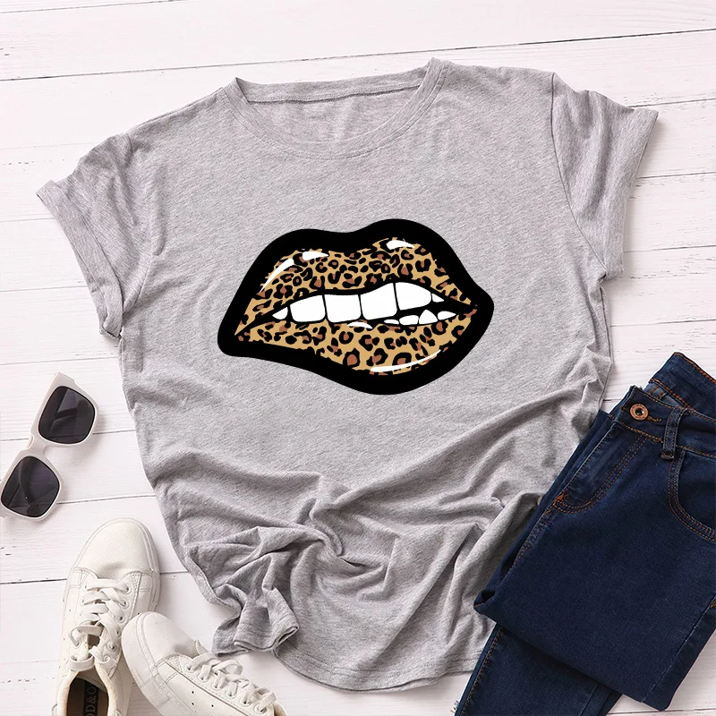 Moterų Marškinėlius Grafinis Tees Medvilnė Seksuali Leopard Lūpų Print T Marškinėliai Topai Streetwear Negabaritinių Drabužius Trumpomis Rankovėmis Juokingi Marškinėliai