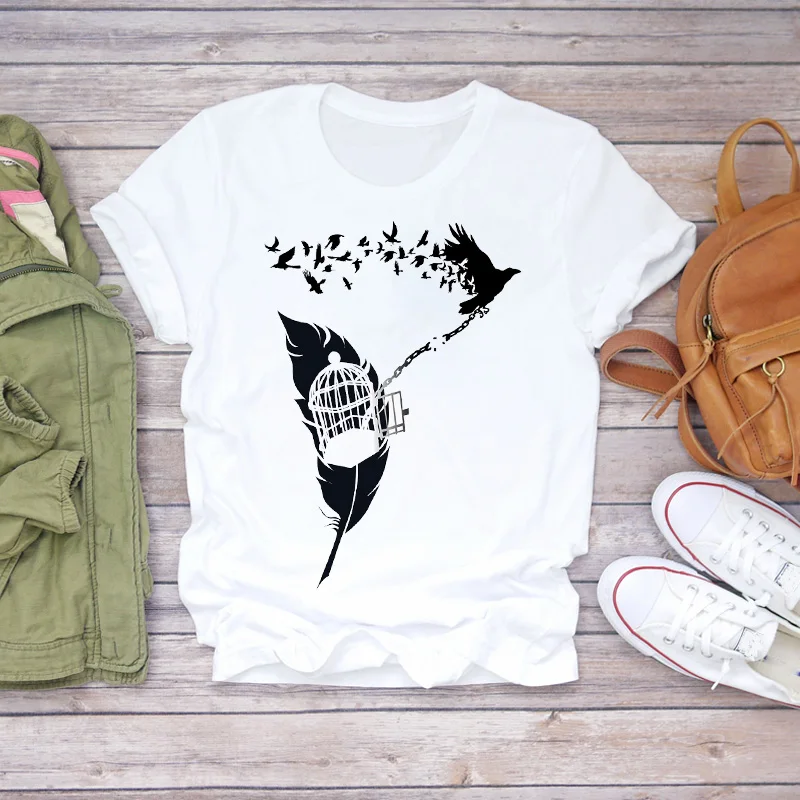 Moterų Plunksnų Paukštis Animacinių filmų 90s Drabužių Mados Drabužių Lady T-shirts Top Moteriški Marškinėliai Ponios Grafinis Moterų Tee Marškinėliai