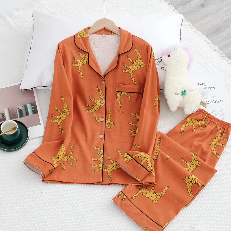 Japonų stiliaus ponios medvilnės kostiumas, leopardas spausdinimui ilgomis rankovėmis pižama kelnės tiktų pavasarį, rudenį, žiemą namuose paslaugos moterims