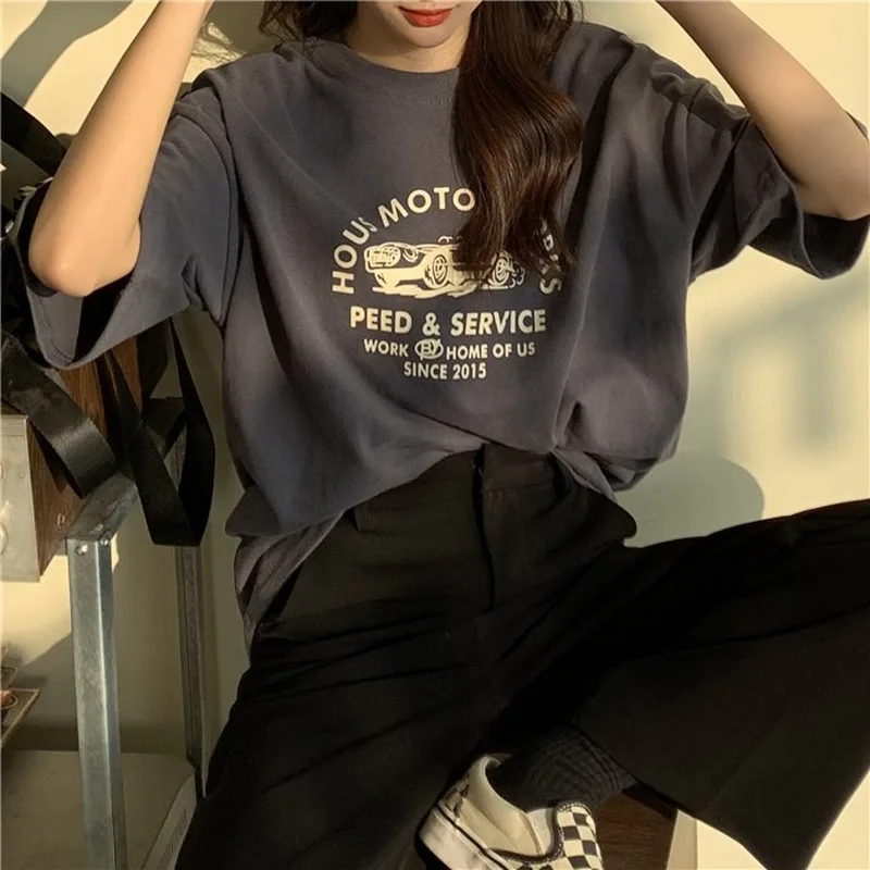 Moterys Trumpas Rankovės marškinėliai Spausdinti Atsitiktinis korėjos Stiliaus Mados Harajuku Laisvi O-kaklo Studentų Streetwear Visas rungtynes, Paprastas Ulzzang