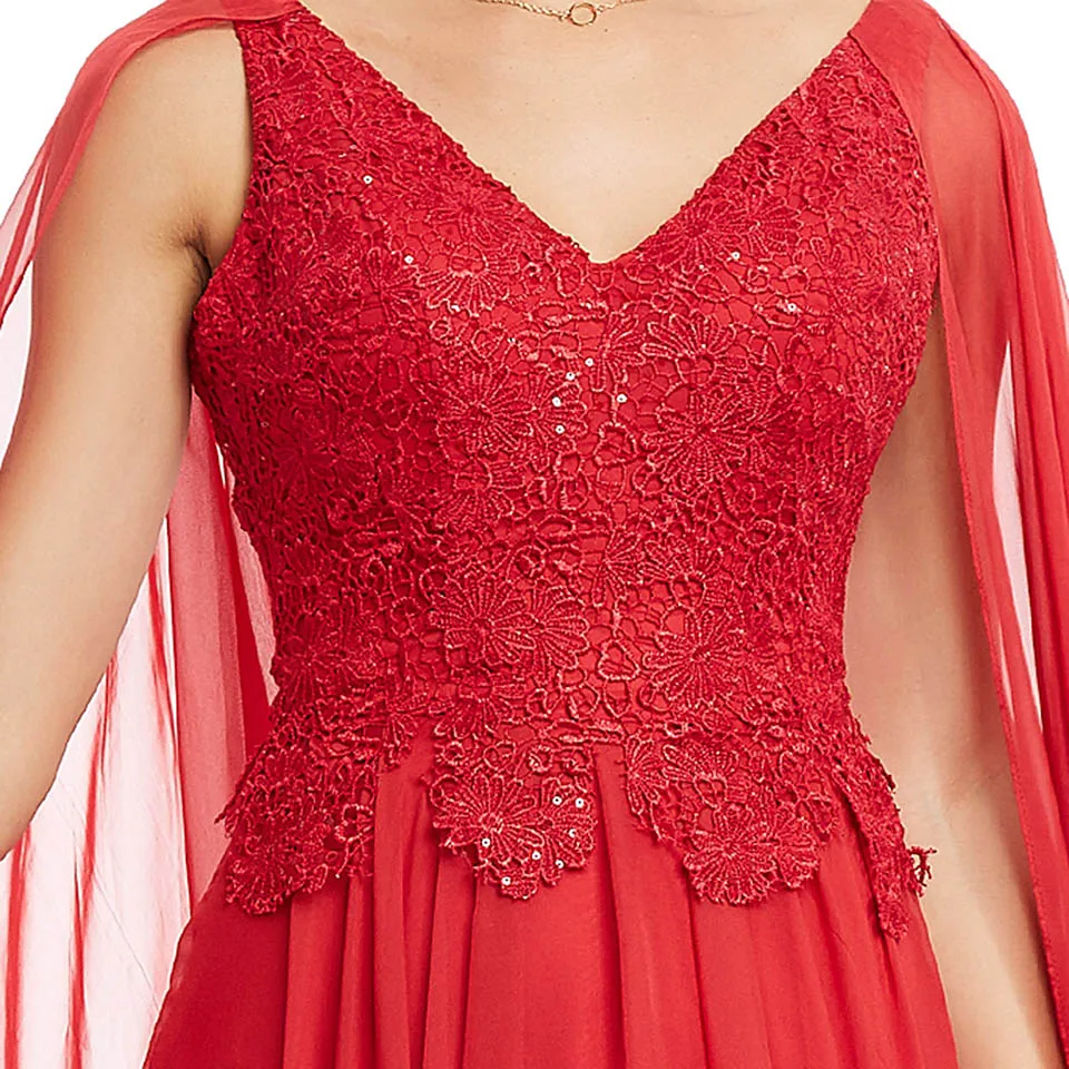Dressv raudona v kaklo ilgą vakarinę suknelę pigūs duobute nėrinių vestuvės oficialų suknelė linijos, vakarines sukneles