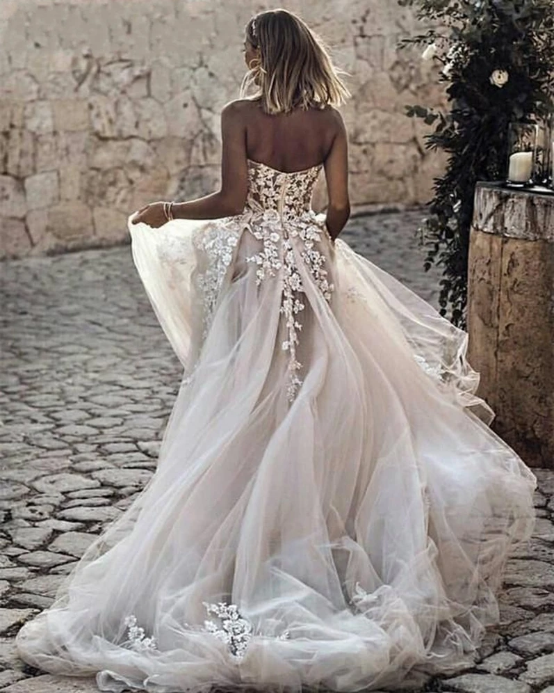 Derlius Dramblio Kaulo Nėrinių Boho Vestuvių Suknelės 2019 Paprasta Brangioji Matyti Per Tiulio Korsetas Off Peties Hipių Paplūdimys Vestuvių Suknelės