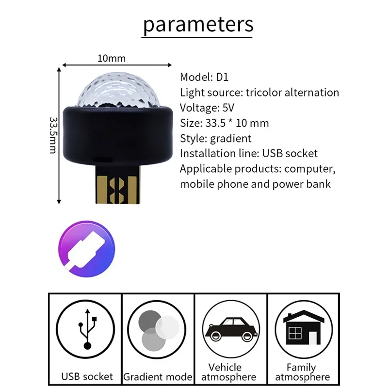 Automobilių Mini USB Spalvinga Atmosfera Šviesą 
