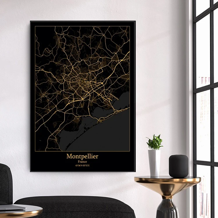 Monpeljė (Prancūzija Juodojo Aukso Miesto Šviesos Žemėlapis Individualų Pasaulio Miesto Žemėlapį Plakatas Drobė Spausdinti Šiaurės Šalių Sienos Menininko Namų Puošybai